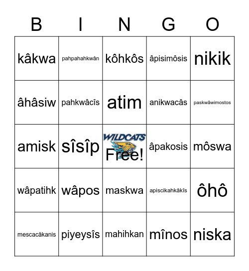 Animals In Cree!! Bingo Card