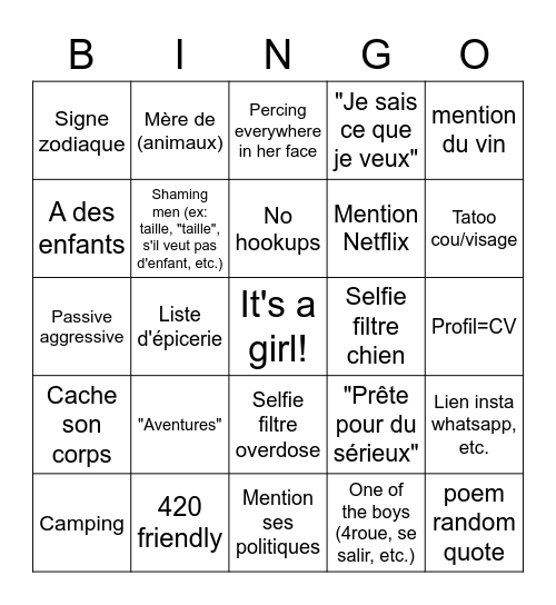 Girl profile Bingo=Beer and close the app! Bingo Card