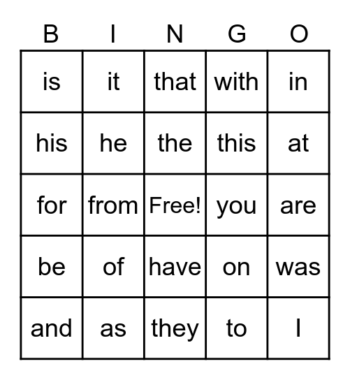 Week 1-5 Sight Words Bingo Card