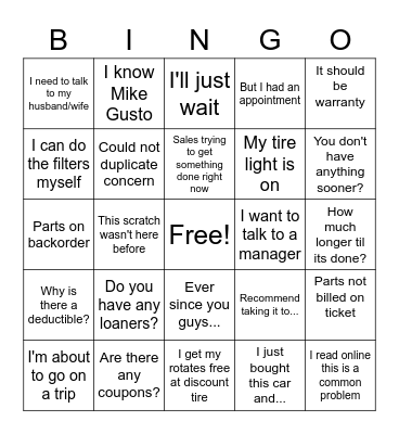 Service Advisor Bingo Card