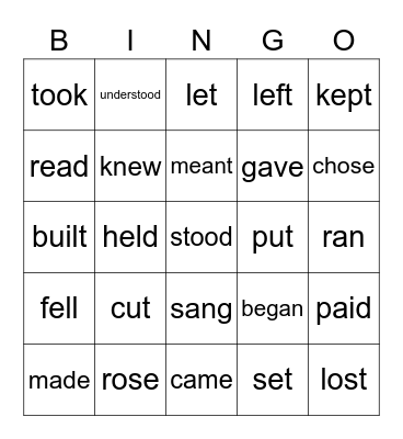 Common Irregular Past Tense Verbs Bingo Card