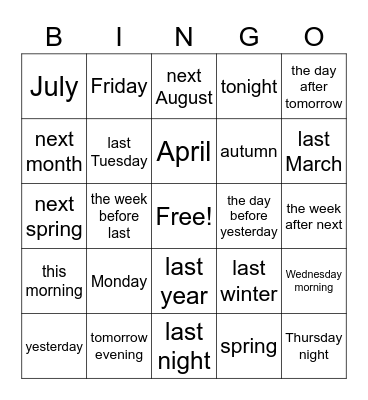 Time Words and Phrases Bingo Card