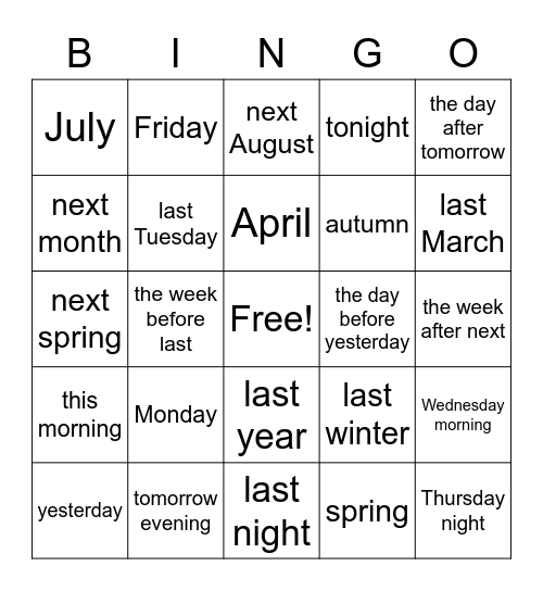 Time Words and Phrases Bingo Card