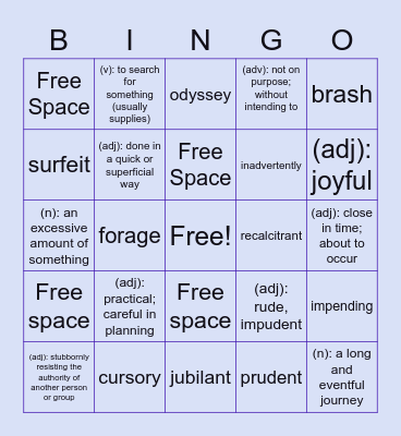 Vocab 8 Choice Board Bingo Card