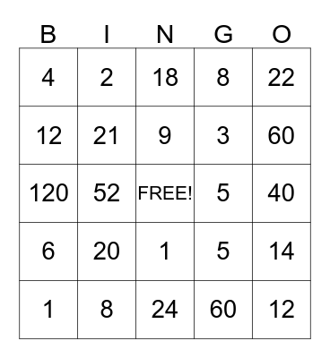 FACTOR FUN BINGO Card