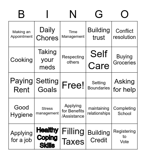 Life Skills Bingo Card