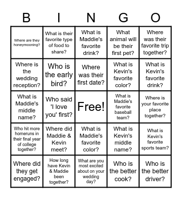 Bridal Shower Trivia Bingo Card