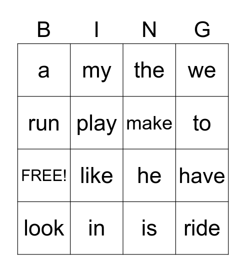 Sight Word Bingo Card