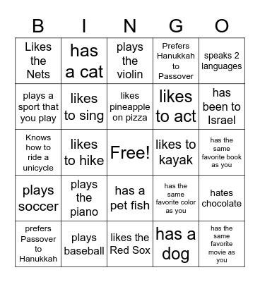 Mishpacha BINGO! Find someone who... Bingo Card