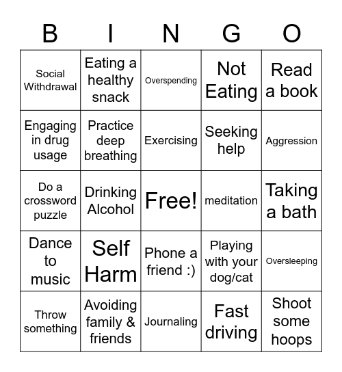 Healthy vs Unhealthy Coping Bingo Card