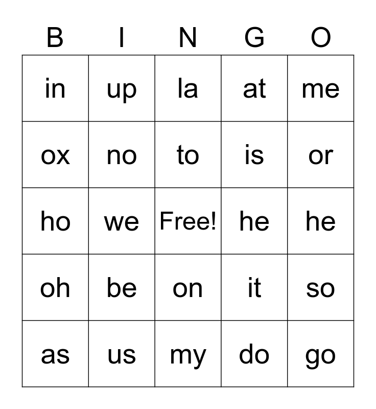 Two Letter Words Bingo Card