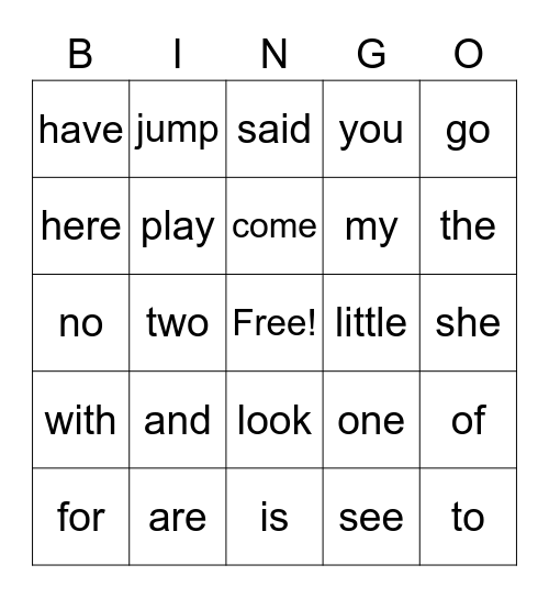 Sight Words Bingo Card