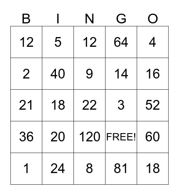 FACTOR FUN BINGO Card