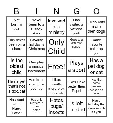Youth Group Get to Know You Bingo Card