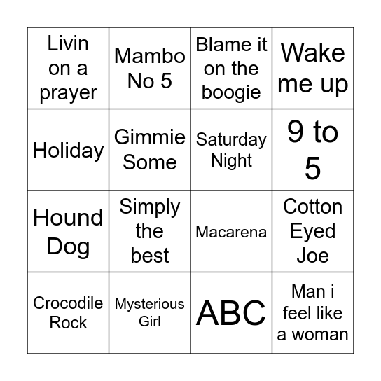 Musical Bingo Card