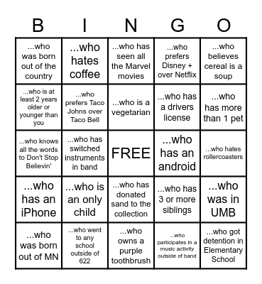 Band Peep Bingo Card