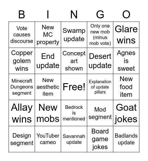 Minecraft Live Bingo! Bingo Card