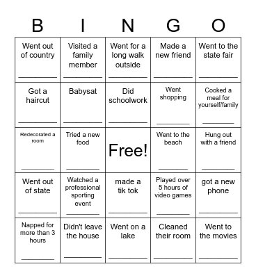 Fall Break Bingo Card