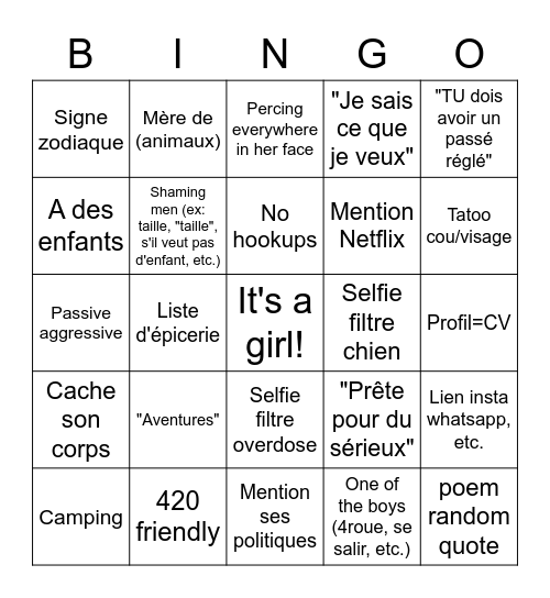 Girl profile Bingo=Beer and close the app! Bingo Card