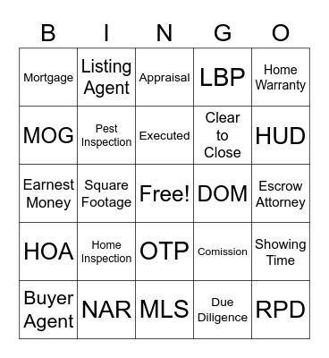 Real Estate Bingo Card
