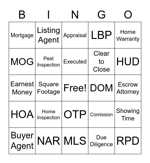 Real Estate Bingo Card