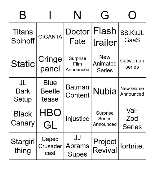 DC Fandome 2021 Bingo Card