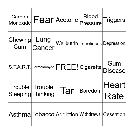 Smoking Cessation BINGO Card