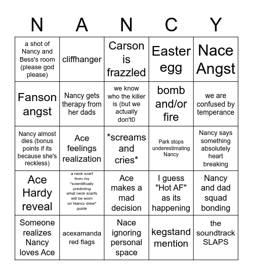 Nancy Drew 3x02 Bingo Card