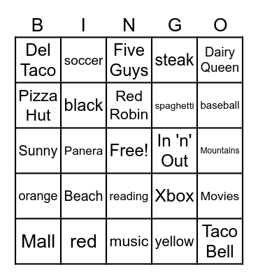 Favorite Things Bingo Card