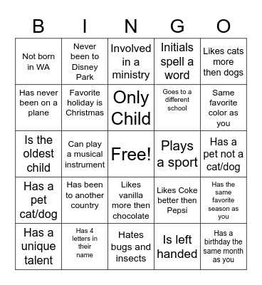 Youth Group Get to Know You Bingo Card