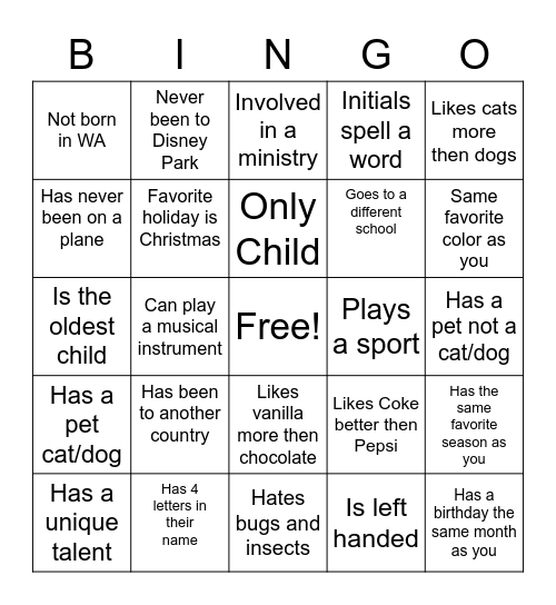 Youth Group Get to Know You Bingo Card
