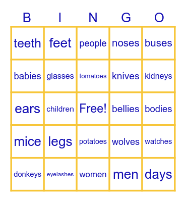 PLURAL NOUNS Bingo Card