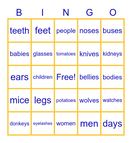 PLURAL NOUNS Bingo Card
