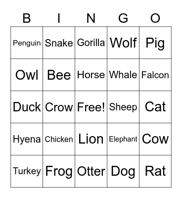 Animal Bingo Card