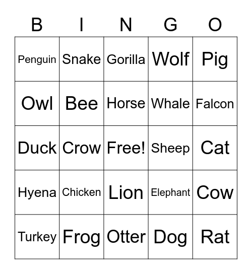 Animal Bingo Card