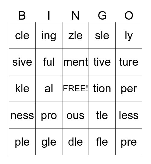 Prefixes and Suffixes  Bingo Card