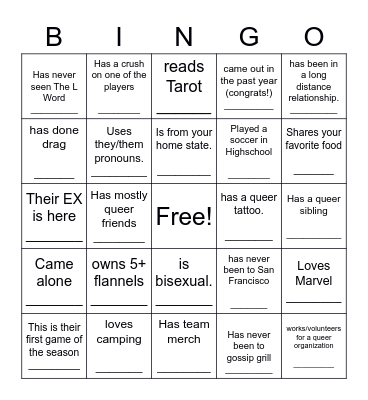 ~~~~~~~Queer Field Day ~~~~~~~ Find someone who.... Bingo Card