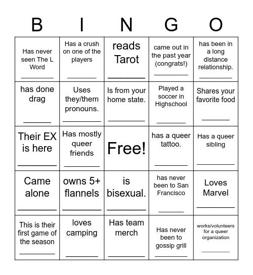 ~~~~~~~Queer Field Day ~~~~~~~ Find someone who.... Bingo Card
