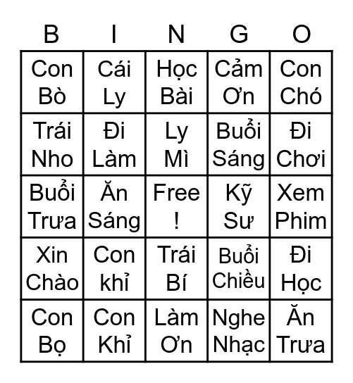 Vietnamese Bingo Card