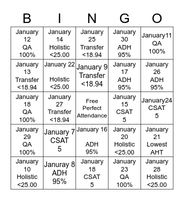 January "New Year's" Bingo Card