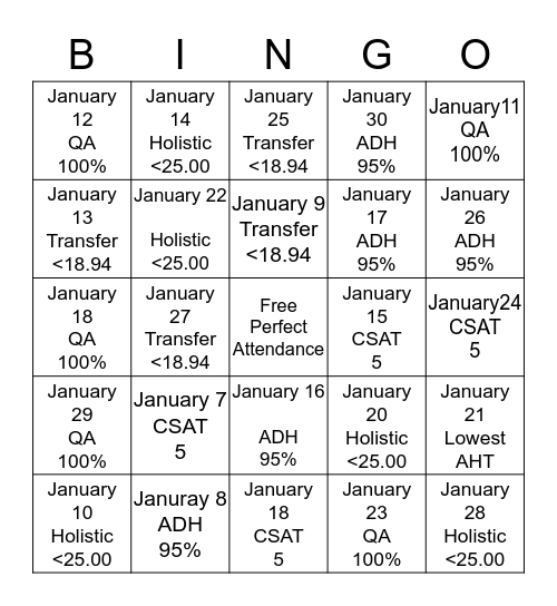 January "New Year's" Bingo Card