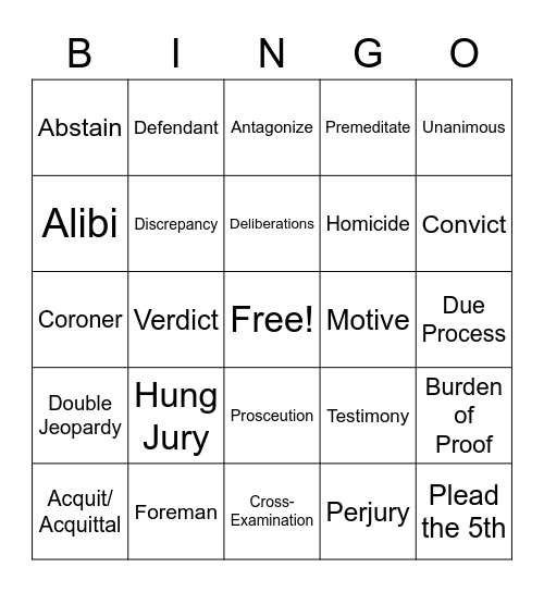 Courtroom Vocab Bingo Card