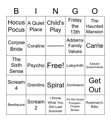 Halloween Movies Bingo Card