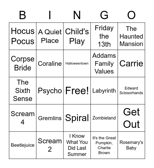 Halloween Movies Bingo Card