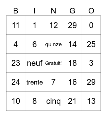 French numbers 1-30 Bingo Card
