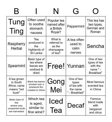 Types of Tea Bingo Card