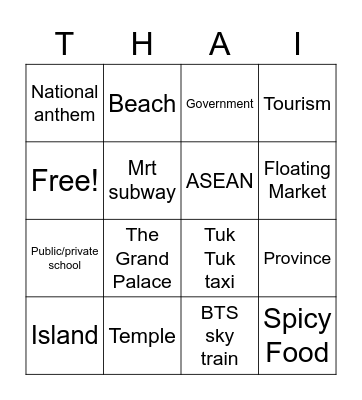 Do you know these words about Thailand? Bingo Card