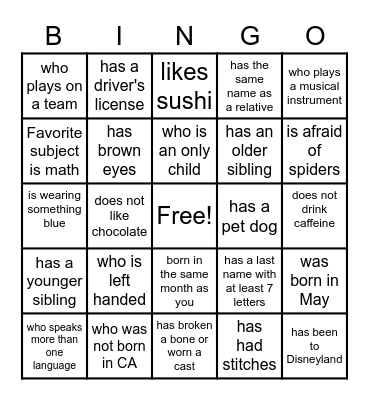 Getting to know yoou Bingo Card