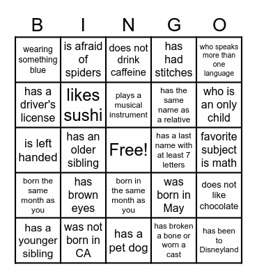 Getting to know you Bingo Card