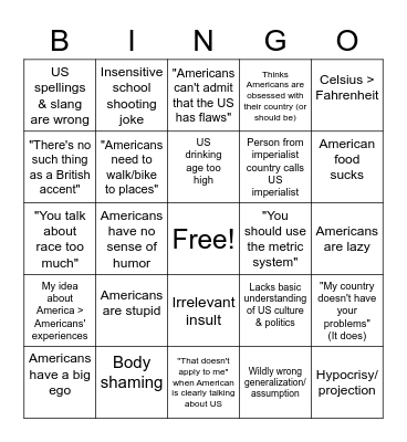 Unsolicited European Bingo Card